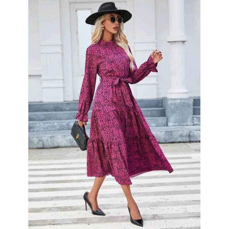 Long Dress for Women 2024 Autumn Party Dresses Vestido Casual Robe Female Clothing Long Sleeves Print Belt Elegant Maxi Dress