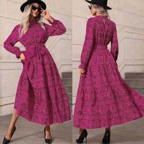 Long Dress for Women 2024 Autumn Party Dresses Vestido Casual Robe Female Clothing Long Sleeves Print Belt Elegant Maxi Dress