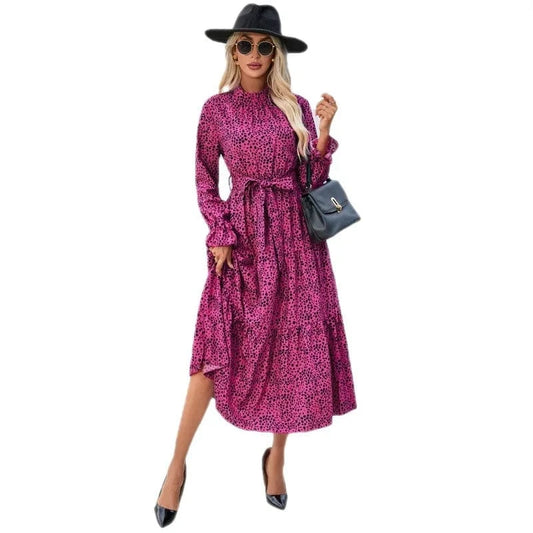 Long Dress for Women 2024 Autumn Party Dresses Vestido Casual Robe Female Clothing Long Sleeves Print Belt Elegant Maxi Dress