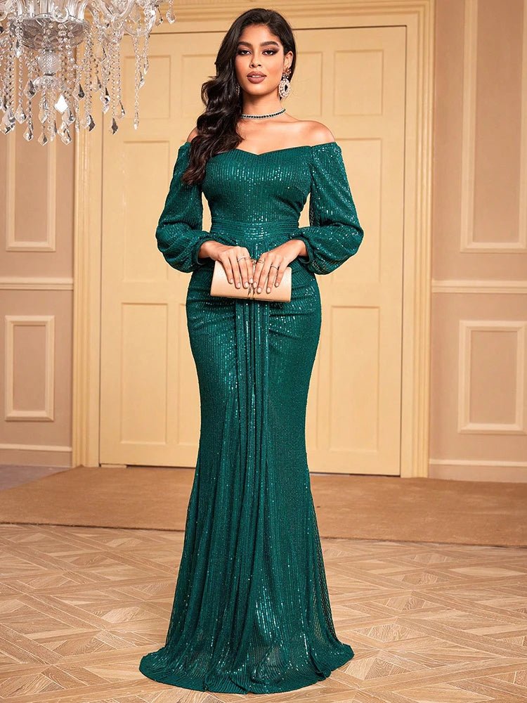Long Dress Off Shoulder Lantern Sleeve Sequin Elegant - SN Wigs & More