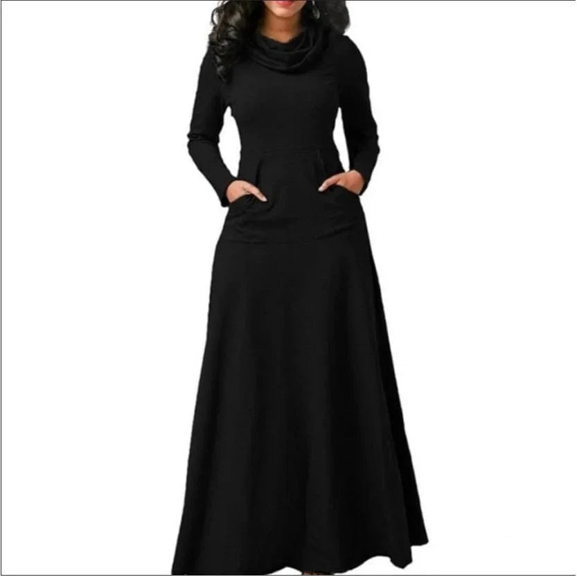 Long Maxi Dress Autumn Winter Warm High Collar Women Long-sleeved Dress Woman Clothing With Pocket