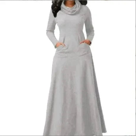 Long Maxi Dress Autumn Winter Warm High Collar Women Long-sleeved Dress Woman Clothing With Pocket