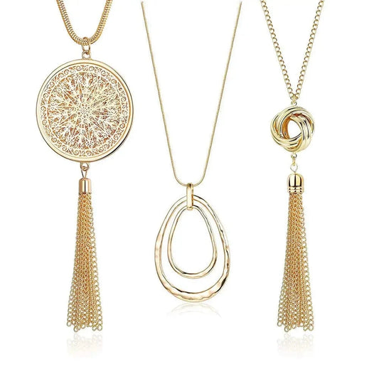 Long Pendant Necklaces For Women Knot Disk Circle Tassel Pendant Statement Sweater Necklace Set Gold Silver Chain Girl Jewelry