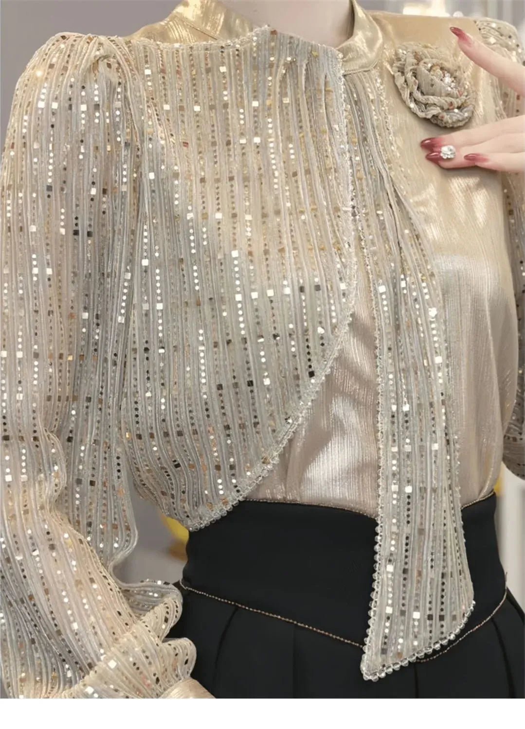 Long Sleeve Blouse 2025 New Summer Woman Clothing Sequins Blusas Para Mujer Top Casual Slim Blouses For Women - SN Wigs & More