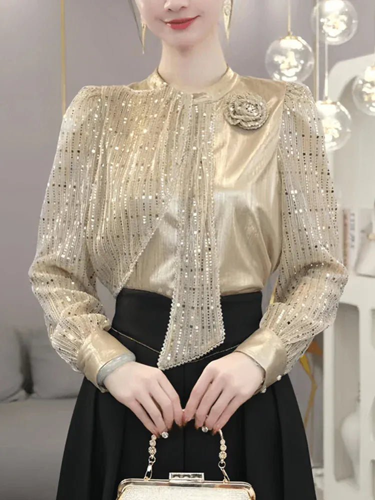 Long Sleeve Blouse 2025 New Summer Woman Clothing Sequins Blusas Para Mujer Top Casual Slim Blouses For Women - SN Wigs & More