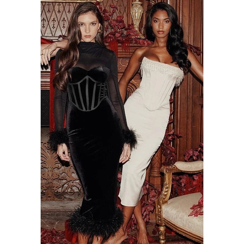 long sleeve feather decorate mesh sheer patchwork chic midi evening dress 2024 large size ball gown for women chic quality class