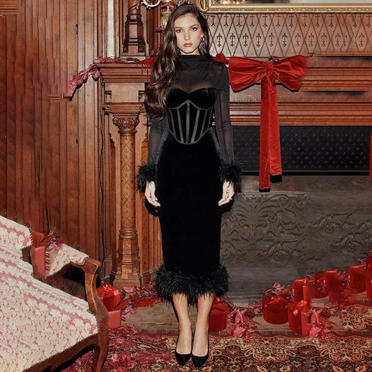 long sleeve feather decorate mesh sheer patchwork chic midi evening dress 2024 large size ball gown for women chic quality class