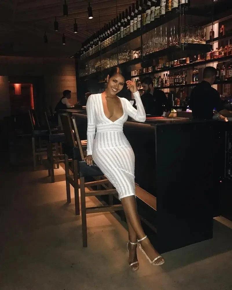 Long Sleeve Plus Size Deep V Neck Club Bandage Sexy Bodycon Comfortable Dress