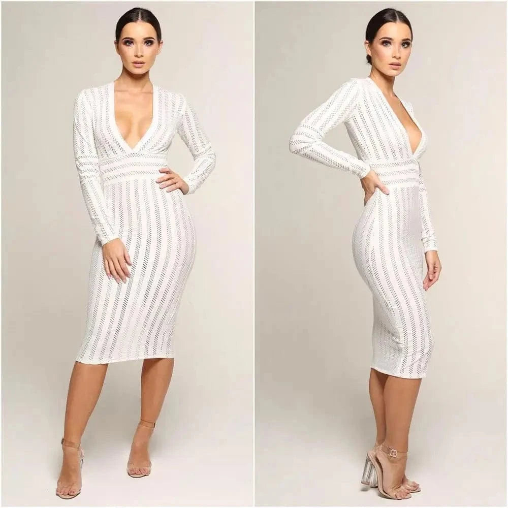 Long Sleeve Plus Size Deep V Neck Club Bandage Sexy Bodycon Comfortable Dress