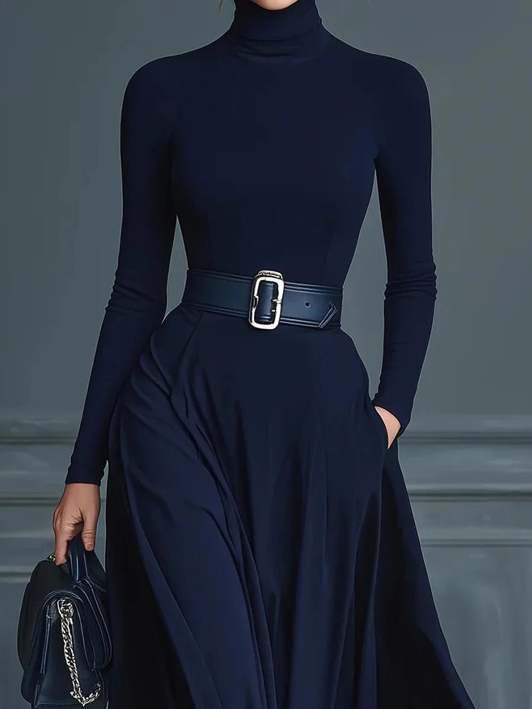 Long Sleeve Simple Holiday Party Dress Women Autumn Turtleneck Elegant Maxi Dress New Patchwork Slim Fit Ladies Dress Vestidos - SN Wigs & More