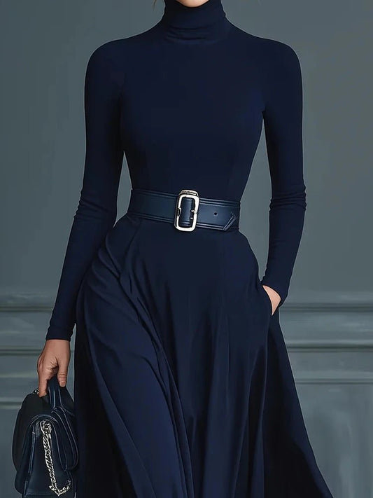 Long Sleeve Simple Holiday Party Dress Women Autumn Turtleneck Elegant Maxi Dress New Patchwork Slim Fit Ladies Dress Vestidos - SN Wigs & More