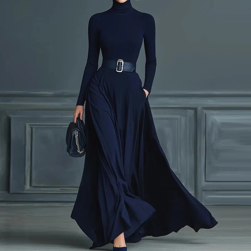 Long Sleeve Simple Holiday Party Dress Women Autumn Turtleneck Elegant Maxi Dress New Patchwork Slim Fit Ladies Dress Vestidos - SN Wigs & More