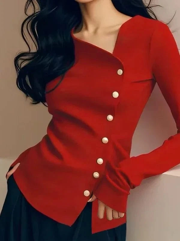 Long Sleeve T-shirt Women Skinny Clothies 2025 Fashion Pearl Buttons V-neck Irregular Red Black Casual Female Y2k Tops