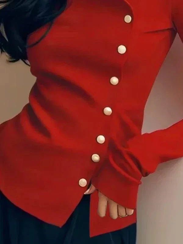 Long Sleeve T-shirt Women Skinny Clothies 2025 Fashion Pearl Buttons V-neck Irregular Red Black Casual Female Y2k Tops