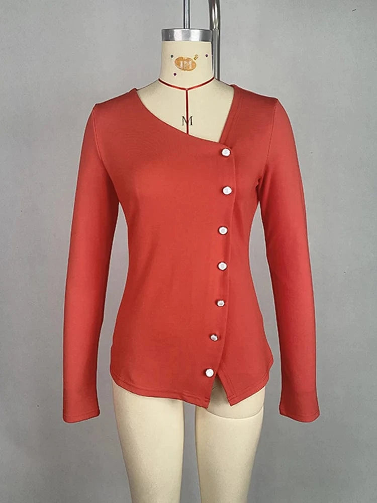 Long Sleeve T-shirt Women Skinny Clothies 2025 Fashion Pearl Buttons V-neck Irregular Red Black Casual Female Y2k Tops