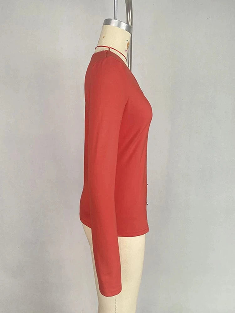 Long Sleeve T-shirt Women Skinny Clothies 2025 Fashion Pearl Buttons V-neck Irregular Red Black Casual Female Y2k Tops