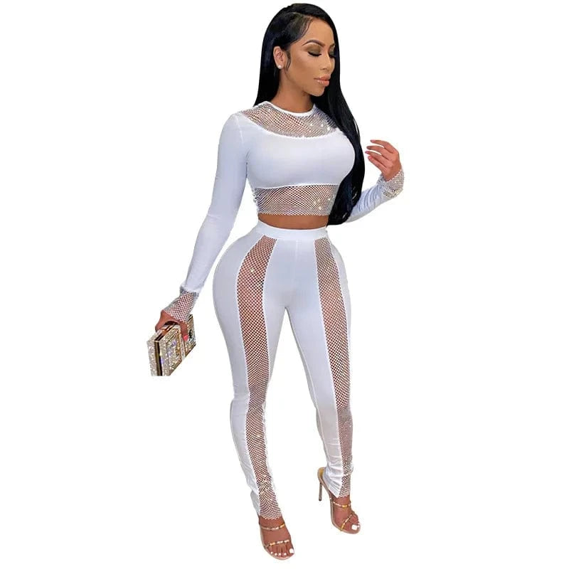 Long Sleeve Women Skinny Pencil Pant and Studded Crop Top Fashion Trends Set Two Pieces Outfits Women Set