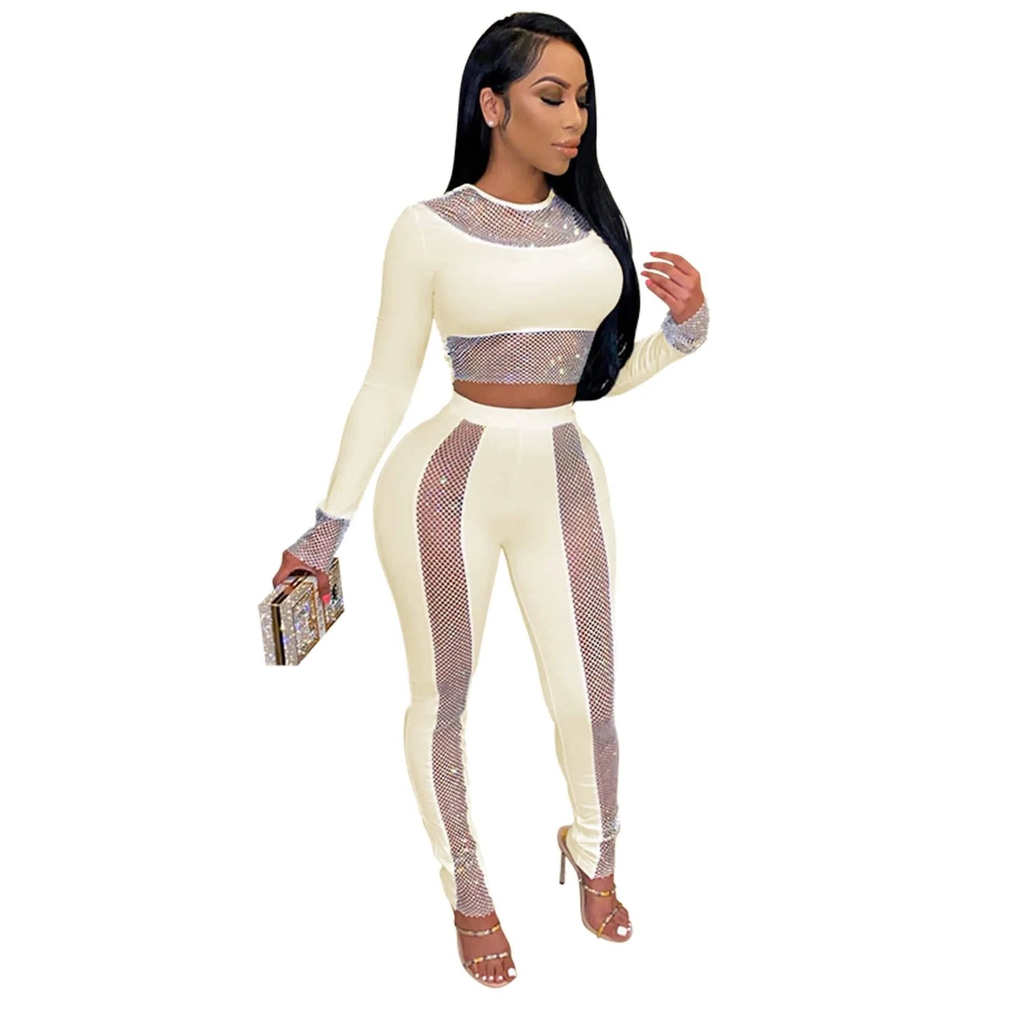 Long Sleeve Women Skinny Pencil Pant and Studded Crop Top Fashion Trends Set Two Pieces Outfits Women Set