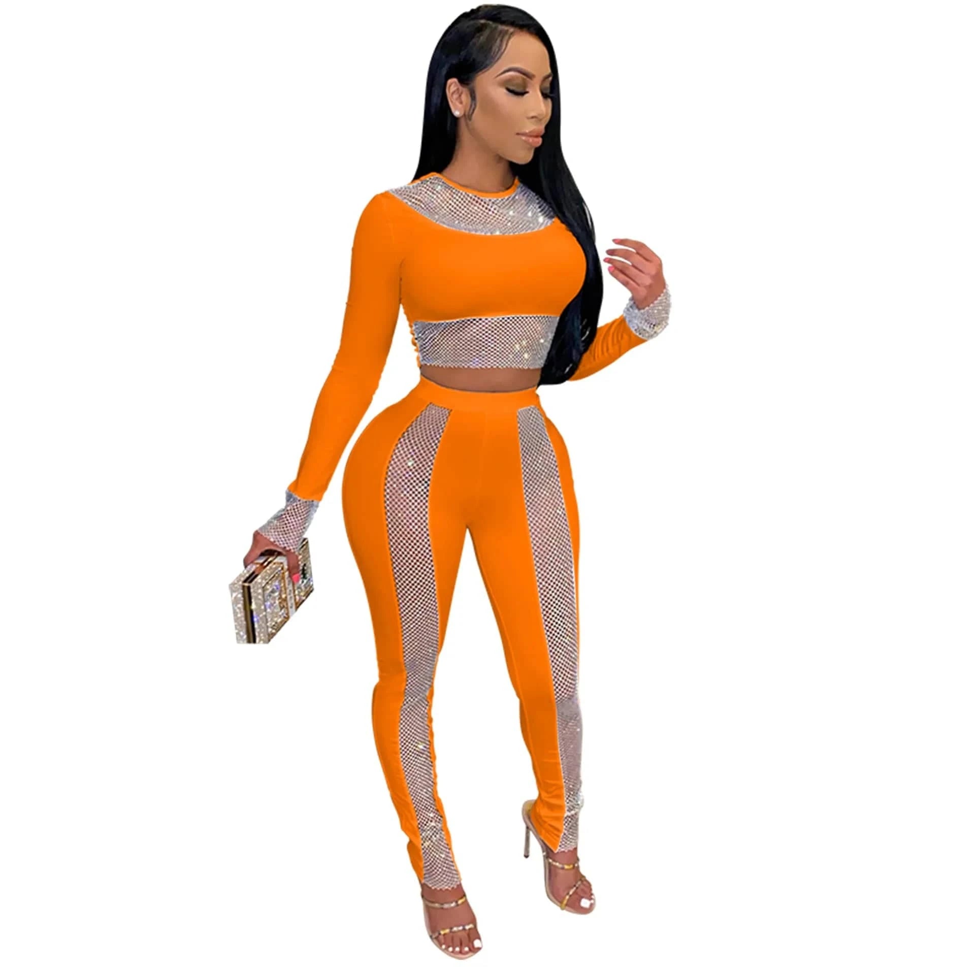 Long Sleeve Women Skinny Pencil Pant and Studded Crop Top Fashion Trends Set Two Pieces Outfits Women Set