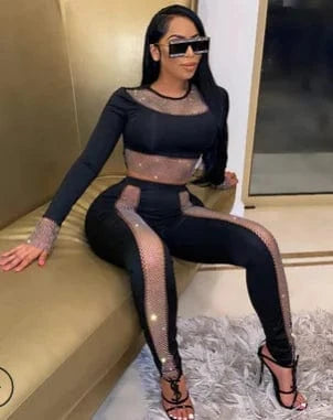 Long Sleeve Women Skinny Pencil Pant and Studded Crop Top Fashion Trends Set Two Pieces Outfits Women Set