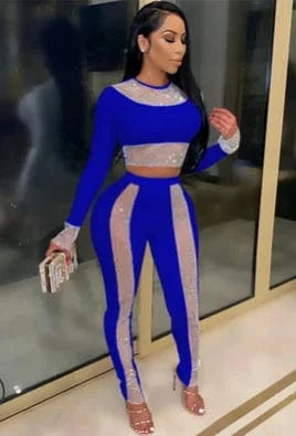 Long Sleeve Women Skinny Pencil Pant and Studded Crop Top Fashion Trends Set Two Pieces Outfits Women Set