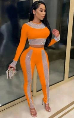 Long Sleeve Women Skinny Pencil Pant and Studded Crop Top Fashion Trends Set Two Pieces Outfits Women Set