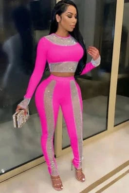 Long Sleeve Women Skinny Pencil Pant and Studded Crop Top Fashion Trends Set Two Pieces Outfits Women Set