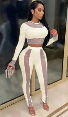 Long Sleeve Women Skinny Pencil Pant and Studded Crop Top Fashion Trends Set Two Pieces Outfits Women Set