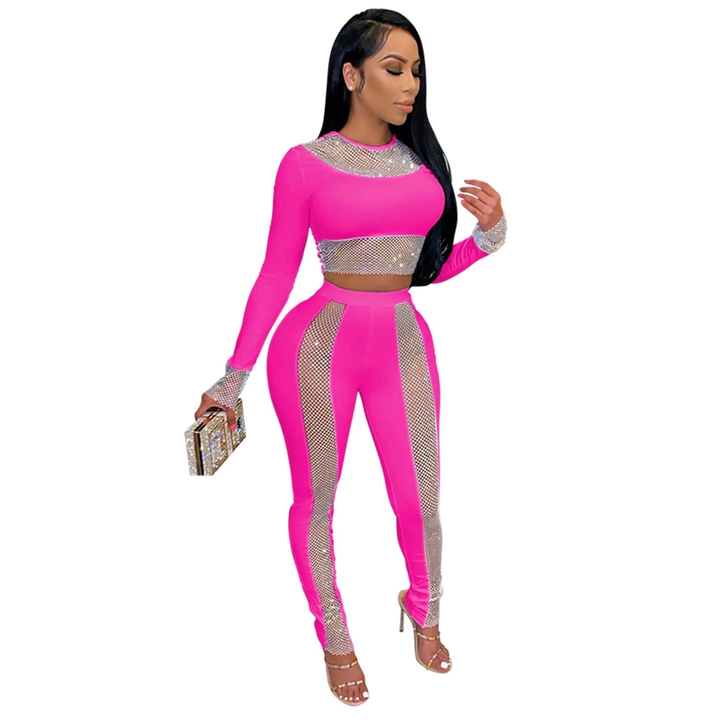 Long Sleeve Women Skinny Pencil Pant and Studded Crop Top Fashion Trends Set Two Pieces Outfits Women Set