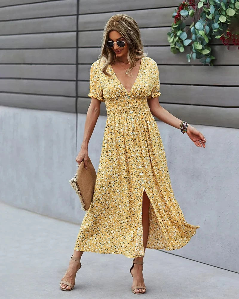 Long Vacation Style Print Dress Women Elastic Waist V Neck Big Swing Fashion Summer Short Sleeve Dresses New 2024