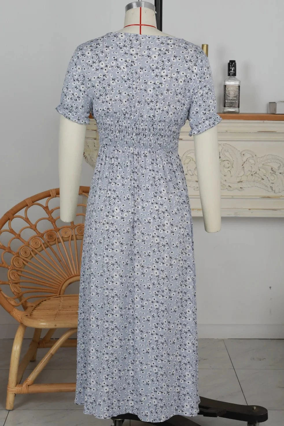 Long Vacation Style Print Dress Women Elastic Waist V Neck Big Swing Fashion Summer Short Sleeve Dresses New 2024