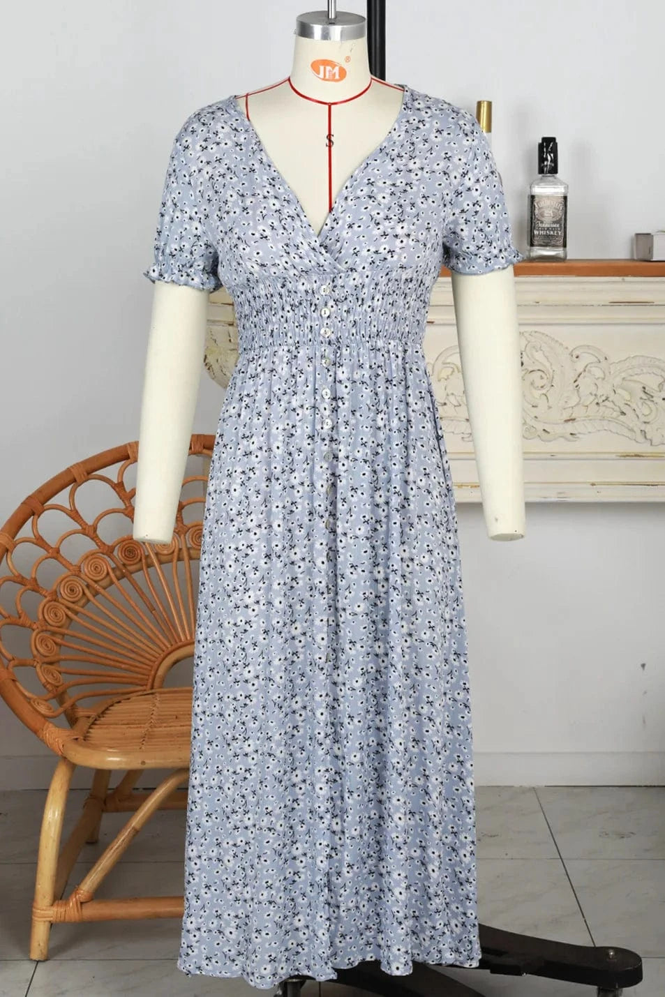 Long Vacation Style Print Dress Women Elastic Waist V Neck Big Swing Fashion Summer Short Sleeve Dresses New 2024