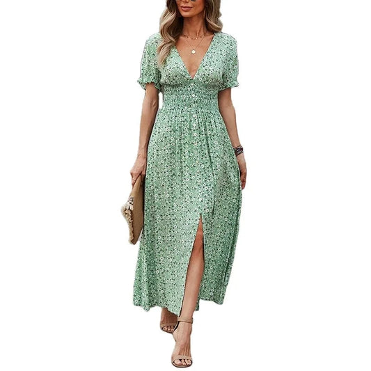 Long Vacation Style Print Dress Women Elastic Waist V Neck Big Swing Fashion Summer Short Sleeve Dresses New 2024