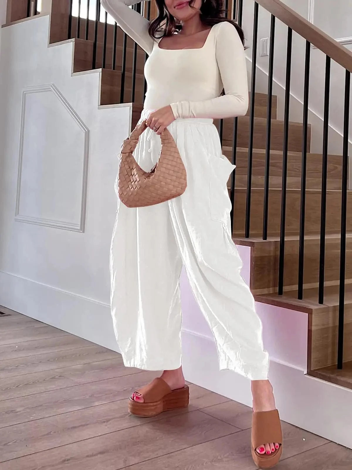 Loose Wide Leg Pants Women's Clothing Elastic Waist Pleated High Waist Casual Cotton Linen Solid Color Trousers Pants