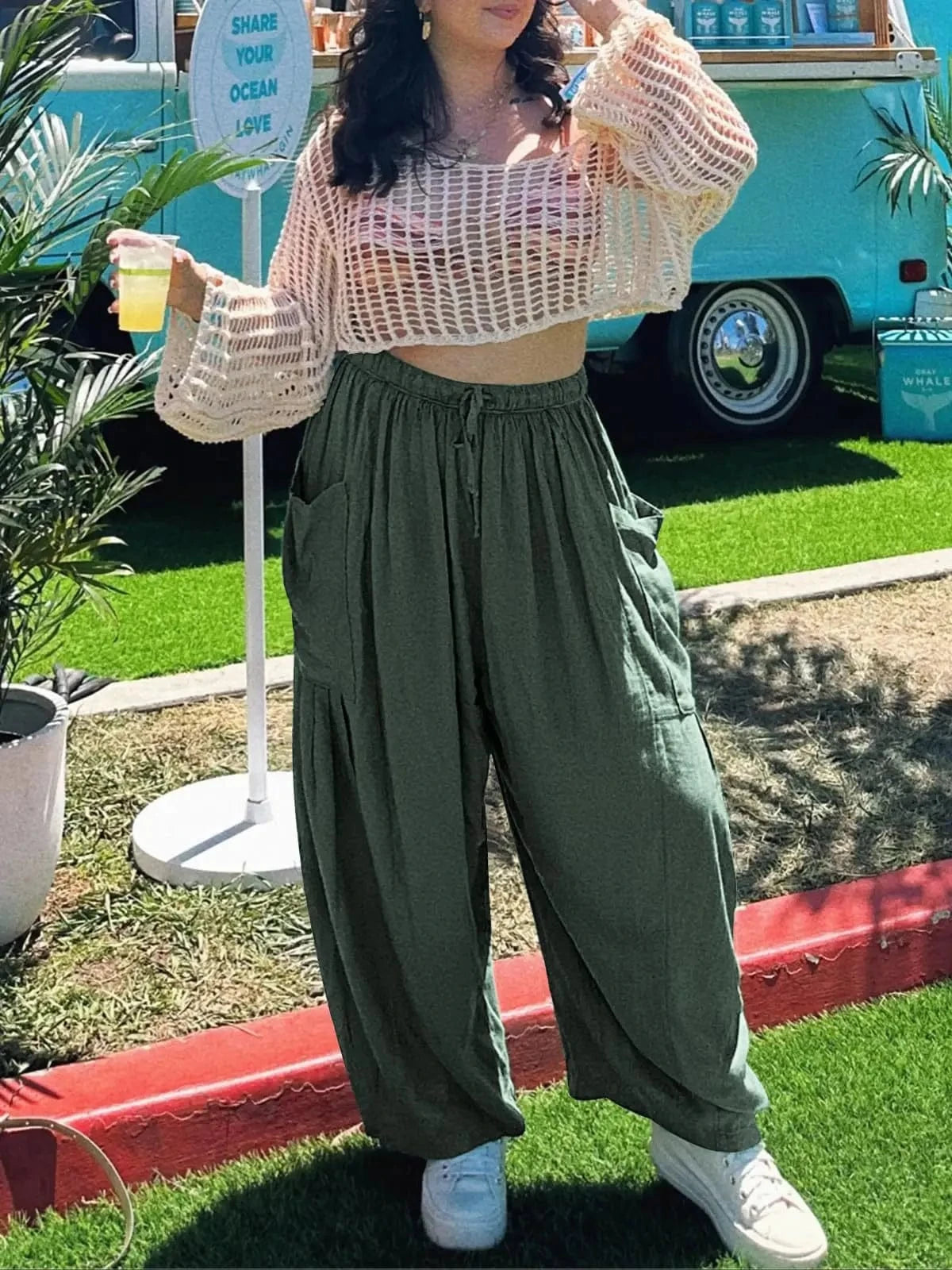 Loose Wide Leg Pants Women's Clothing Elastic Waist Pleated High Waist Casual Cotton Linen Solid Color Trousers Pants