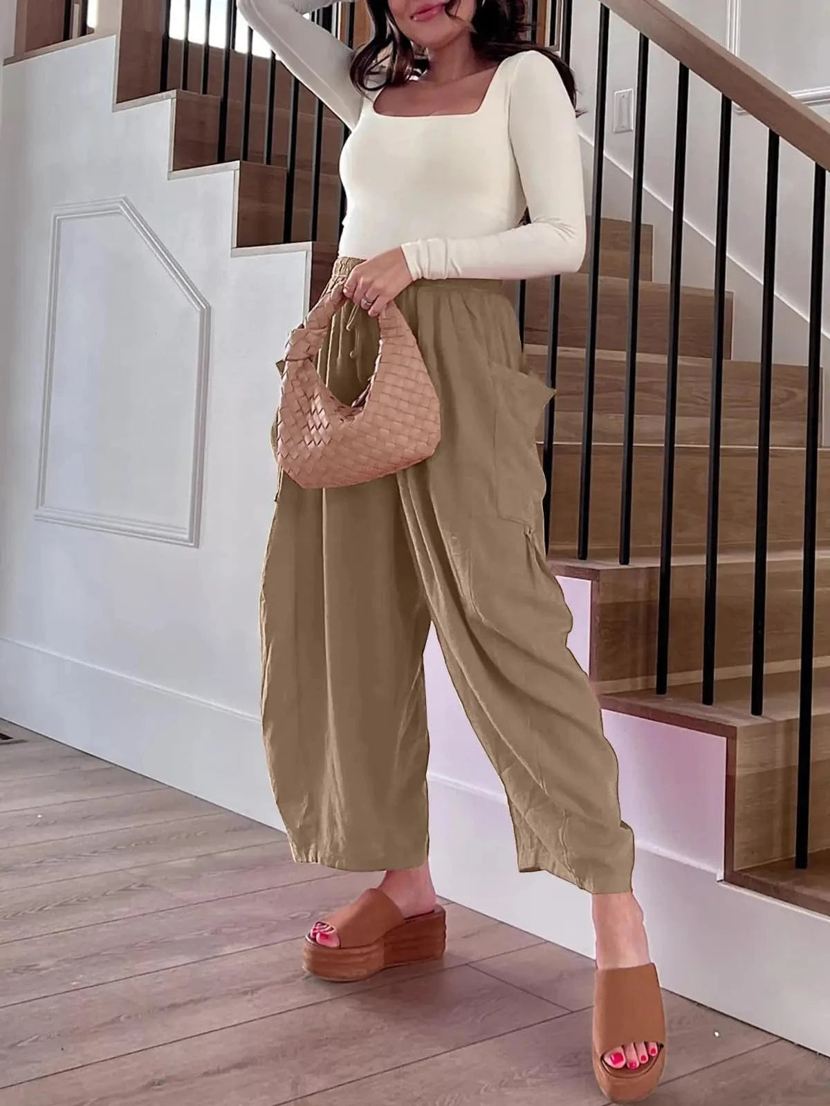 Loose Wide Leg Pants Women's Clothing Elastic Waist Pleated High Waist Casual Cotton Linen Solid Color Trousers Pants