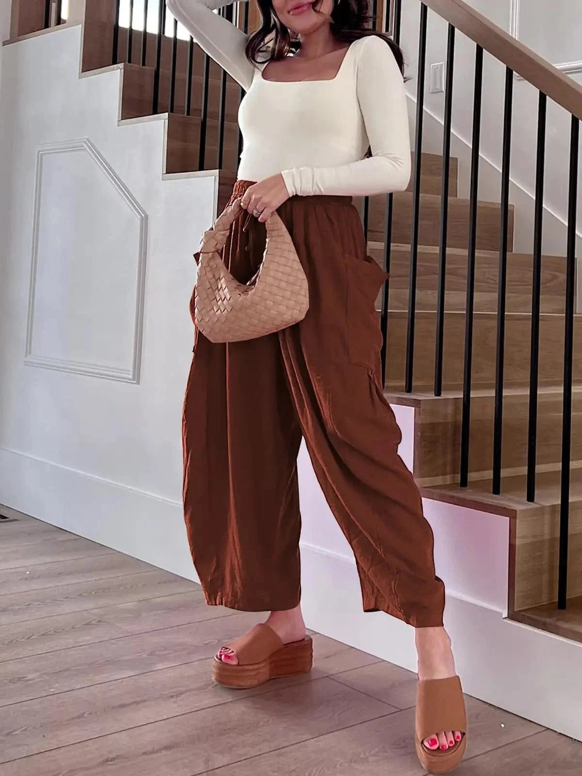 Loose Wide Leg Pants Women's Clothing Elastic Waist Pleated High Waist Casual Cotton Linen Solid Color Trousers Pants