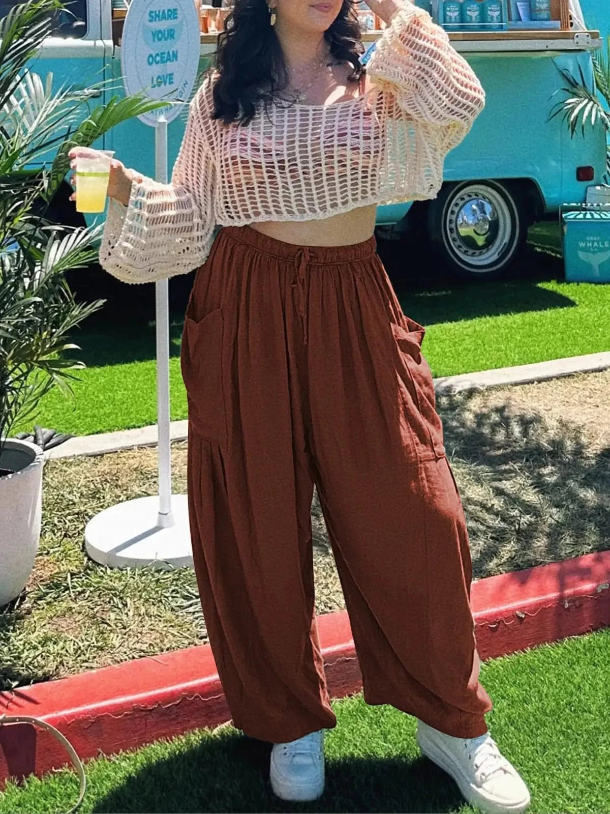 Loose Wide Leg Pants Women's Clothing Elastic Waist Pleated High Waist Casual Cotton Linen Solid Color Trousers Pants