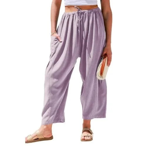 Loose Wide Leg Pants Women's Clothing Elastic Waist Pleated High Waist Casual Cotton Linen Solid Color Trousers Pants