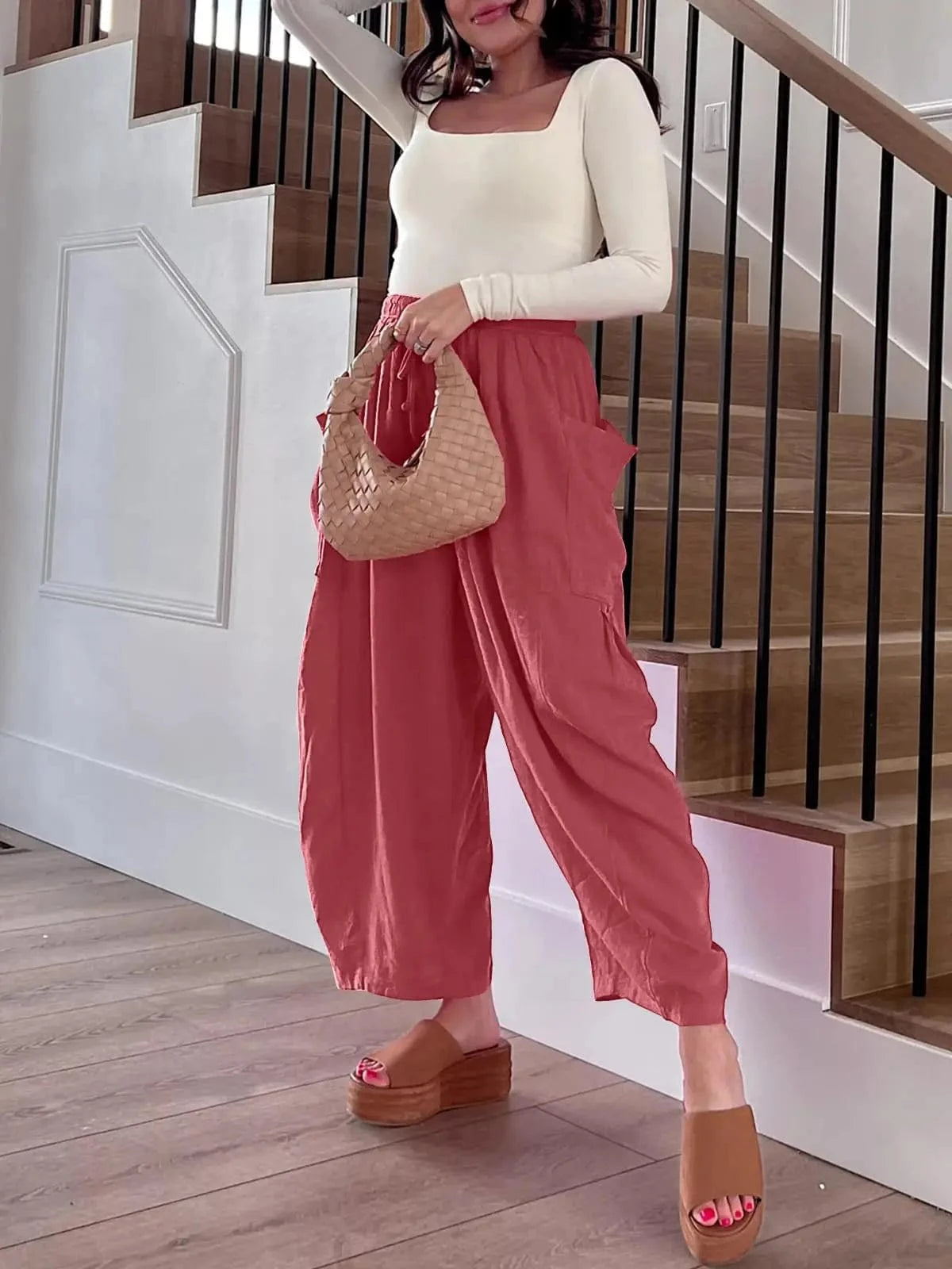 Loose Wide Leg Pants Women's Clothing Elastic Waist Pleated High Waist Casual Cotton Linen Solid Color Trousers Pants