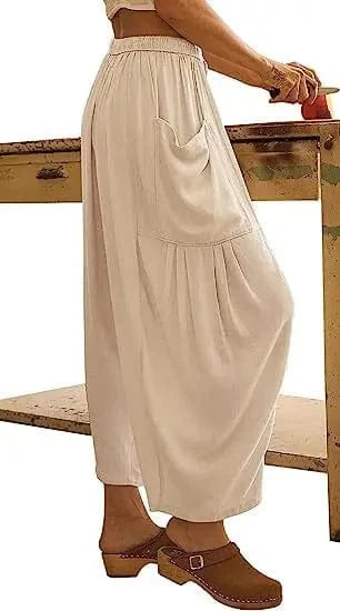 Loose Wide Leg Pants Women's Clothing Elastic Waist Pleated High Waist Casual Cotton Linen Solid Color Trousers Pants