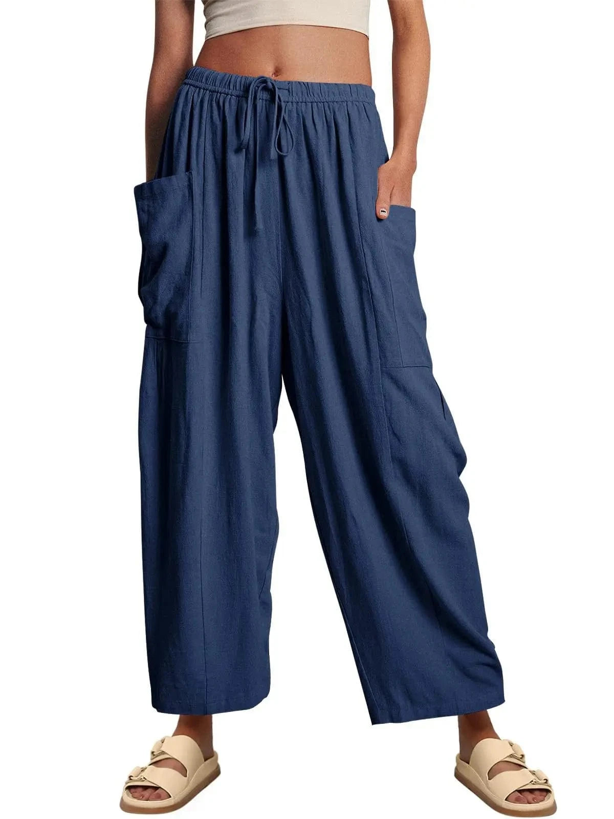 Loose Wide Leg Pants Women's Clothing Elastic Waist Pleated High Waist Casual Cotton Linen Solid Color Trousers Pants