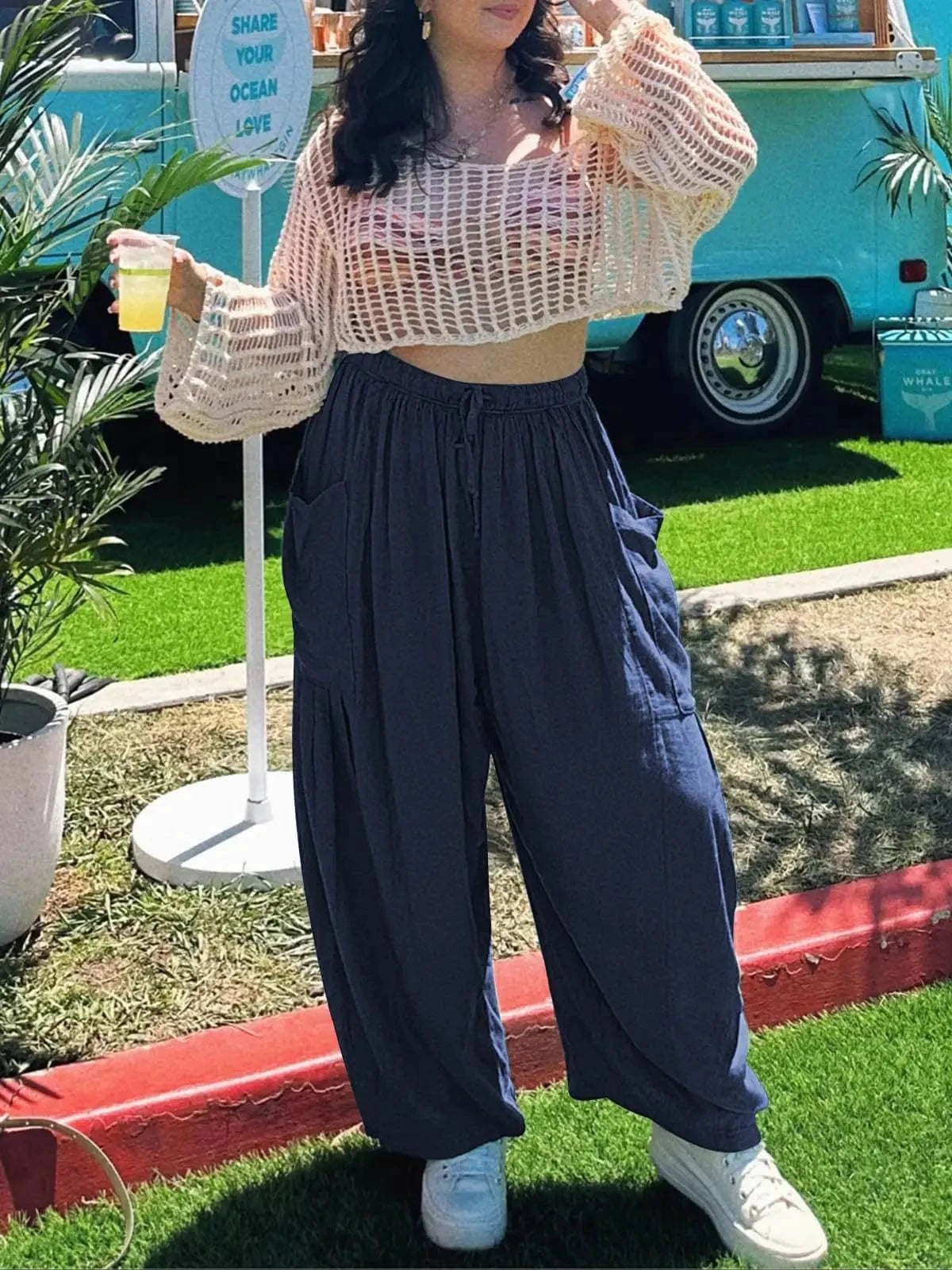 Loose Wide Leg Pants Women's Clothing Elastic Waist Pleated High Waist Casual Cotton Linen Solid Color Trousers Pants