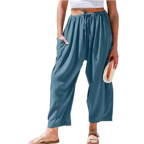 Loose Wide Leg Pants Women's Clothing Elastic Waist Pleated High Waist Casual Cotton Linen Solid Color Trousers Pants