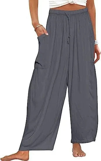 Loose Wide Leg Pants Women's Clothing Elastic Waist Pleated High Waist Casual Cotton Linen Solid Color Trousers Pants