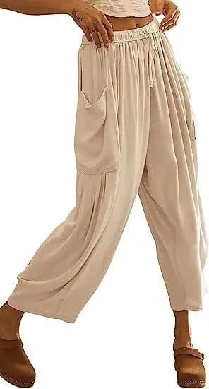 Loose Wide Leg Pants Women's Clothing Elastic Waist Pleated High Waist Casual Cotton Linen Solid Color Trousers Pants