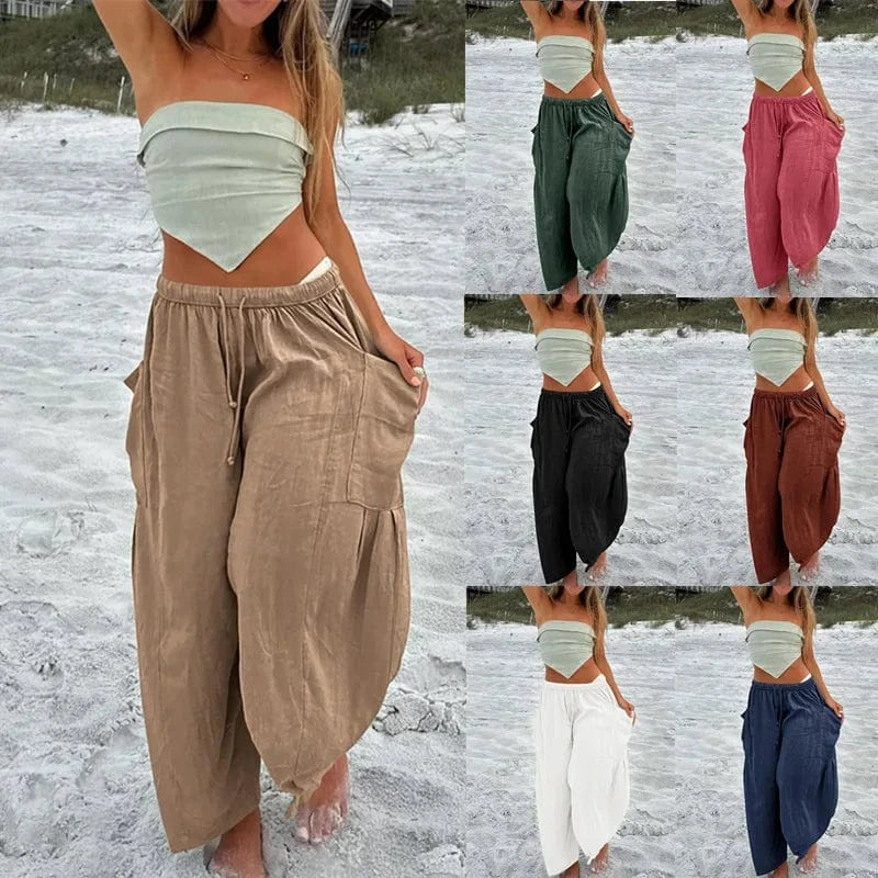 Loose Wide Leg Pants Women's Clothing Elastic Waist Pleated High Waist Casual Cotton Linen Solid Color Trousers Pants