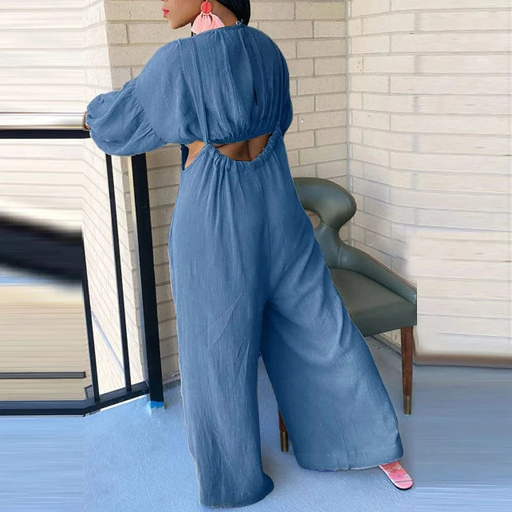 Loose Women Sets Solid Hollow out Overalls 2  piece Pants Set Casual Navel Wide Leg Pants Fall 2022  Women Clothes