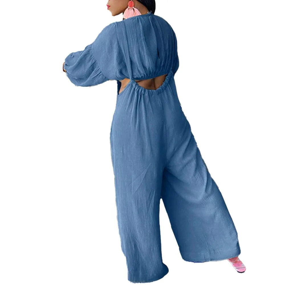 Loose Women Sets Solid Hollow out Overalls 2  piece Pants Set Casual Navel Wide Leg Pants Fall 2022  Women Clothes