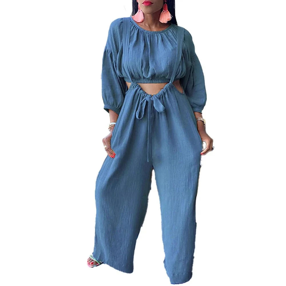 Loose Women Sets Solid Hollow out Overalls 2  piece Pants Set Casual Navel Wide Leg Pants Fall 2022  Women Clothes